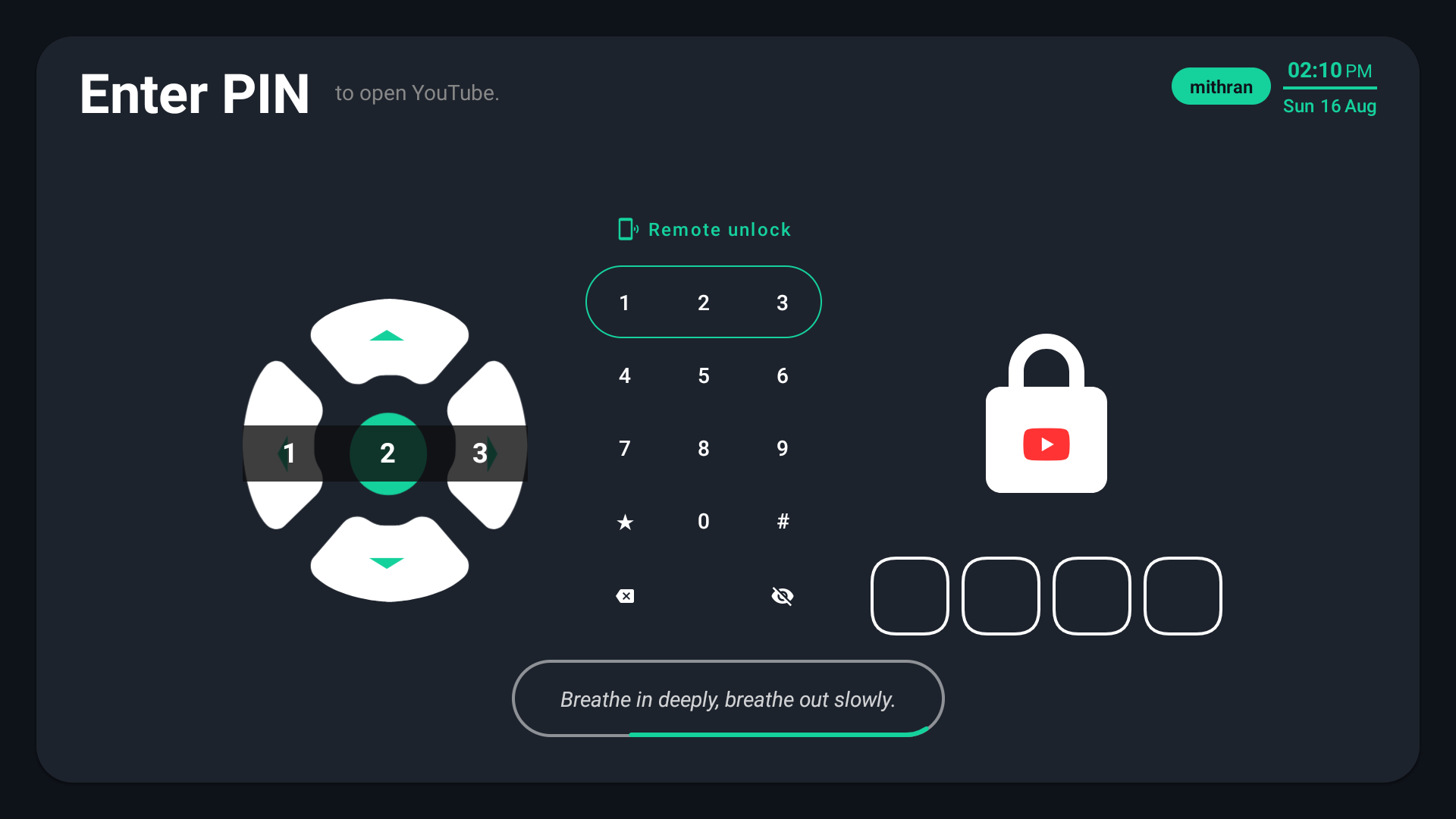 tvusage PIN app lock screen on a television