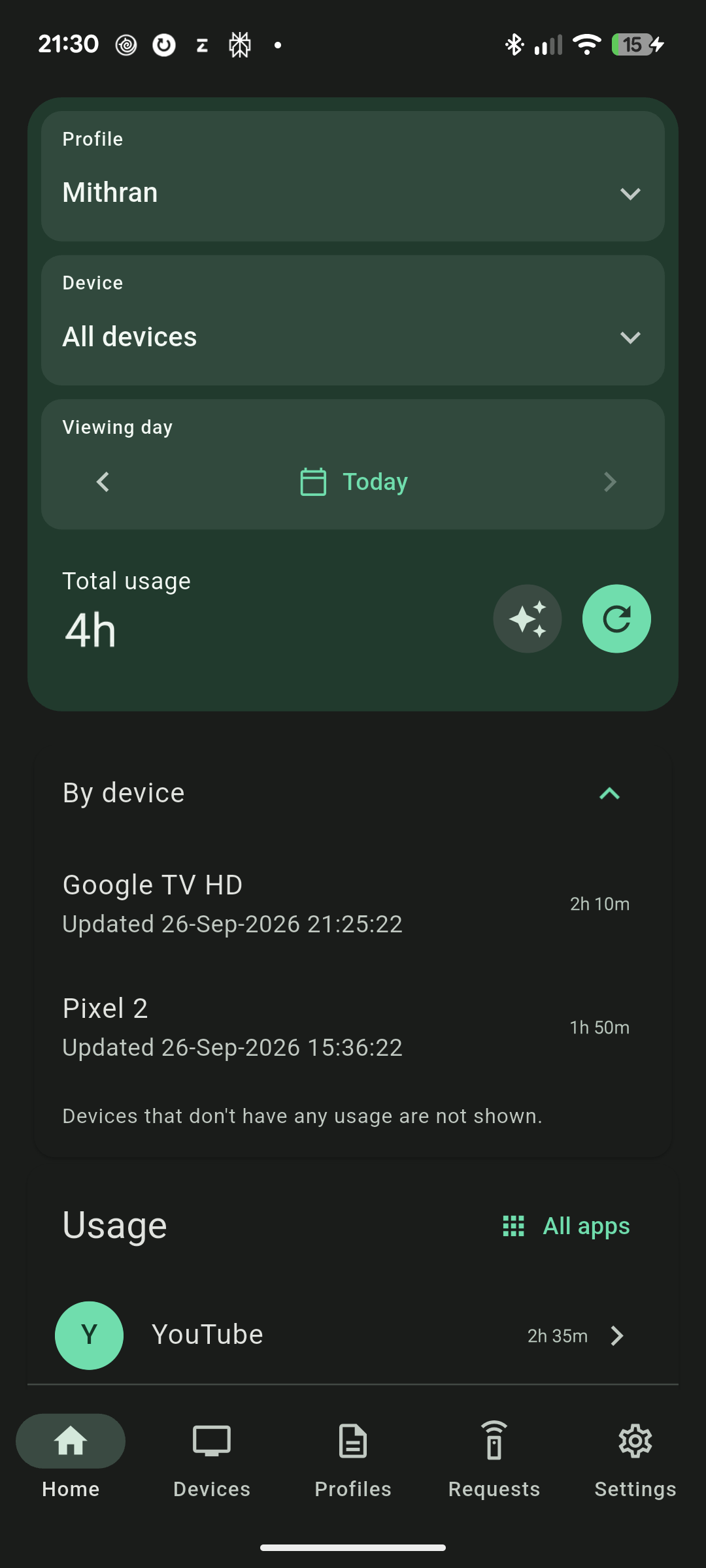 ScreenUsage Remote showing a child profile and usage across TV and phone