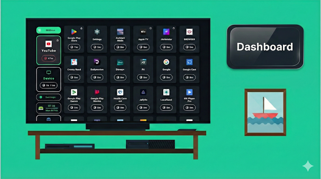 tvusage TV dashboard with child profiles and daily usage