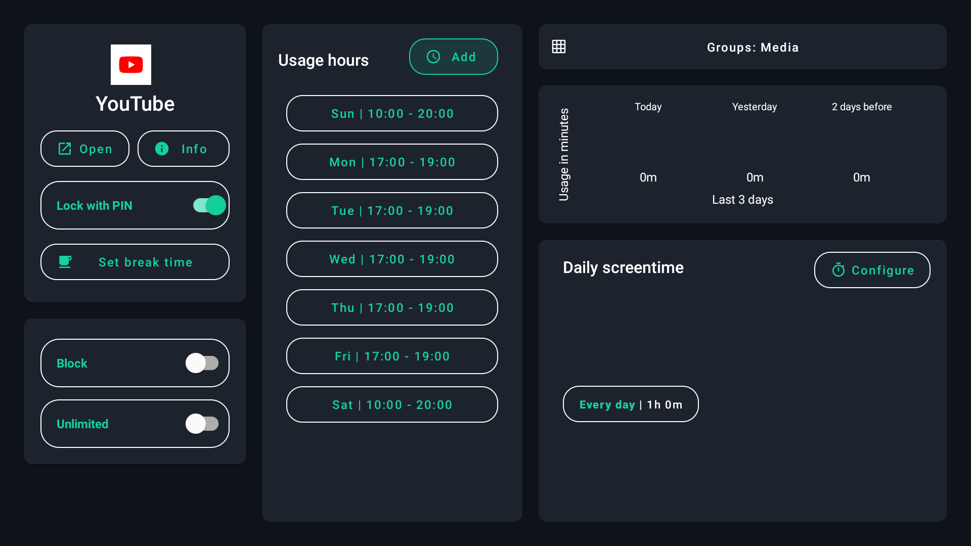 tvusage controls showing usage hours and time limits