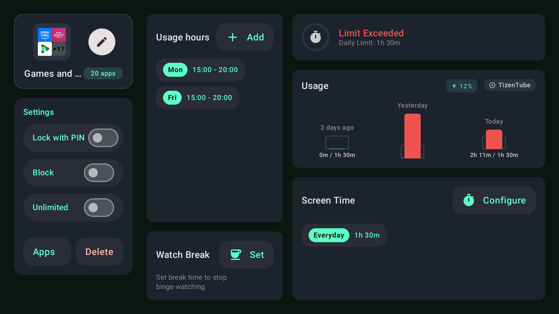tvusage app group controls showing usage hours, daily limits, and recent usage