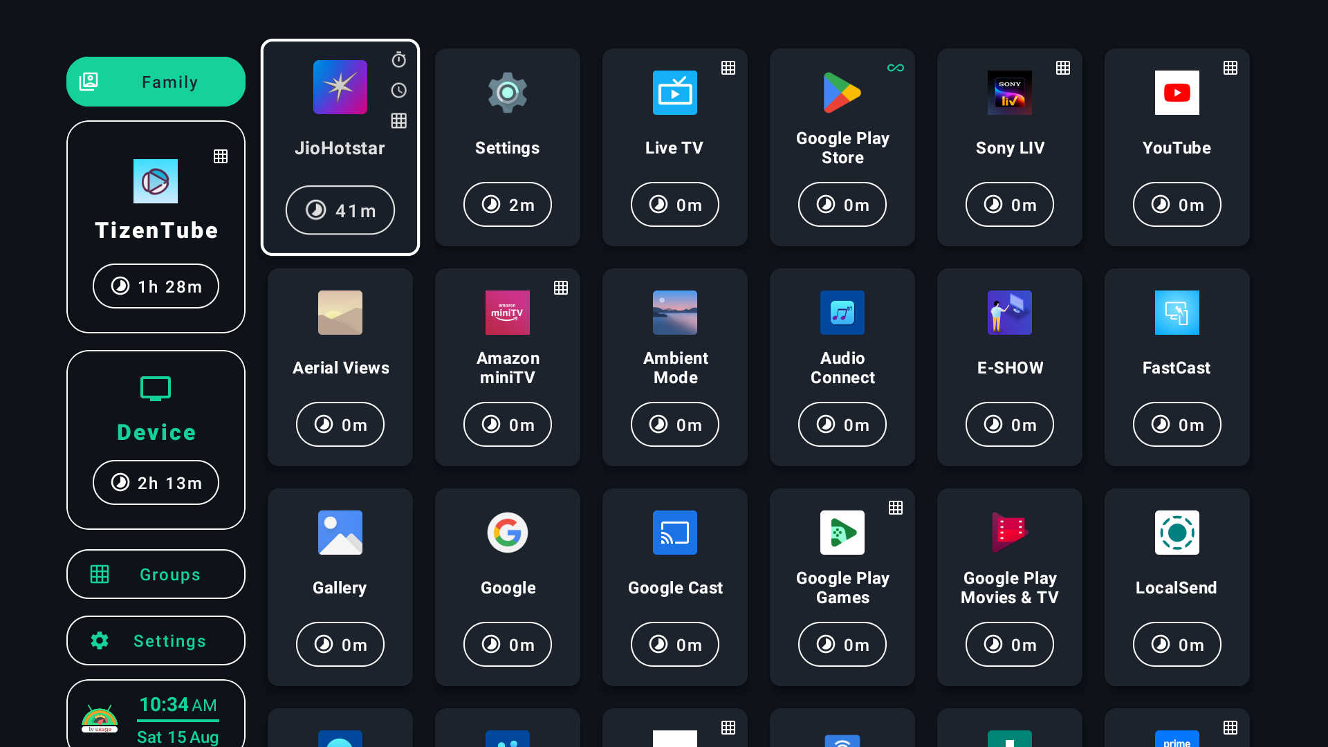 tvusage dashboard showing app and device usage totals