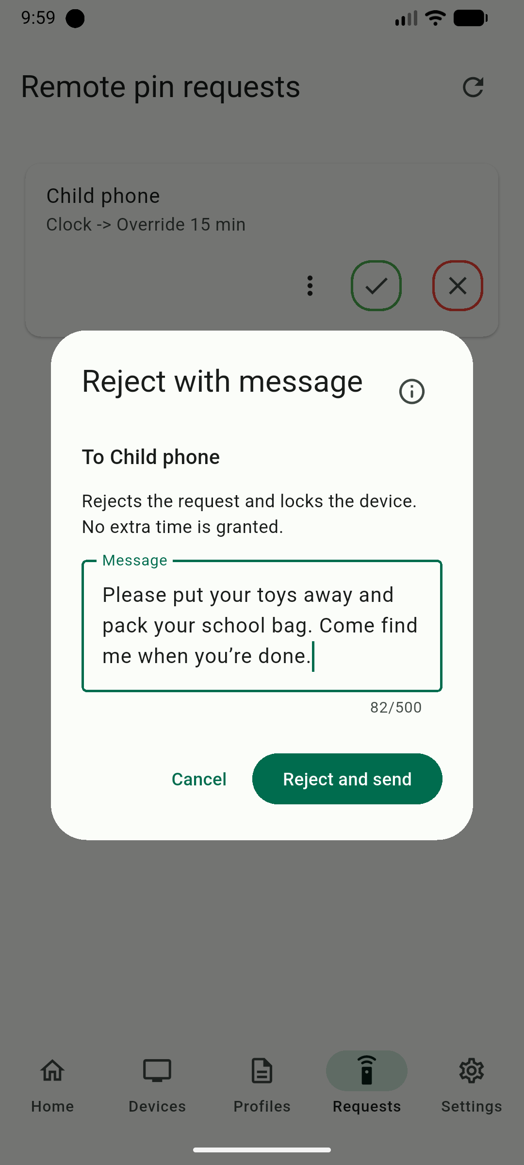 tvusage Remote Reject with message dialog containing a chore message and a Reject and send button.