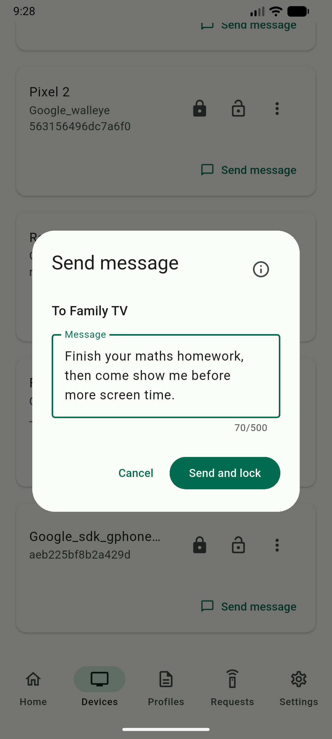 tvusage Remote Send message composer containing a homework message and a Send and lock button.